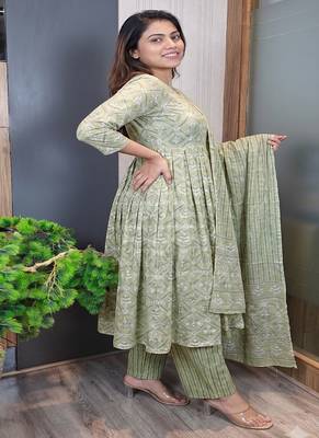 Women's pista green cotton printed anarkali suit set 2