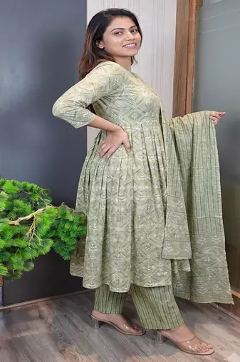 Women's pista green cotton printed anarkali suit set