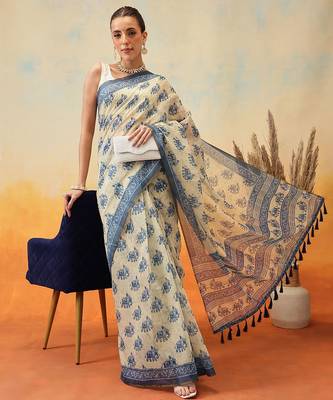 Blue printed cotton blend ethnic saree with blouse piece 1
