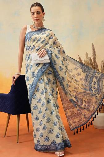 Blue printed cotton blend ethnic saree with blouse piece