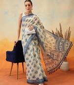 Blue printed cotton blend ethnic saree with blouse piece