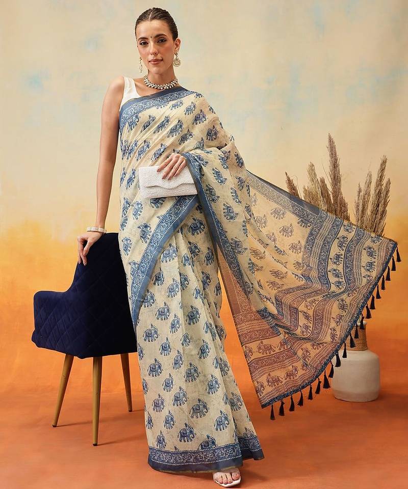 Blue printed cotton blend ethnic saree with blouse piece