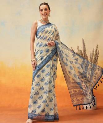 Blue printed cotton blend ethnic saree with blouse piece 2