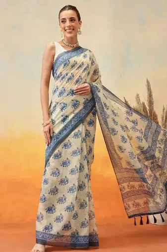 Blue printed cotton blend ethnic saree with blouse piece