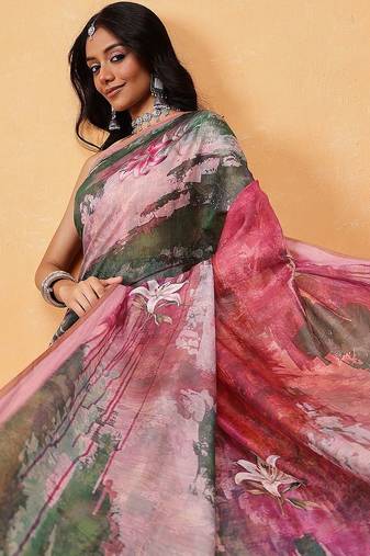 Green printed cotton blend ethnic saree with blouse piece