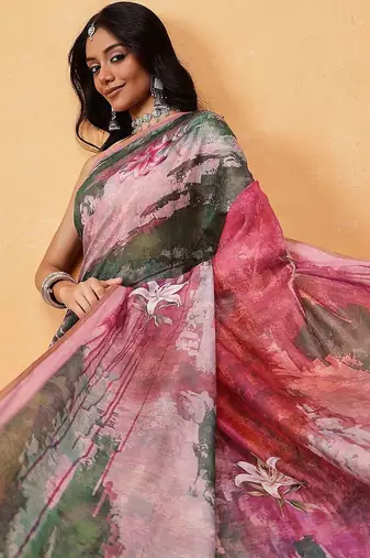 Green printed cotton blend ethnic saree with blouse piece