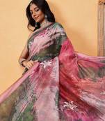 Green printed cotton blend ethnic saree with blouse piece