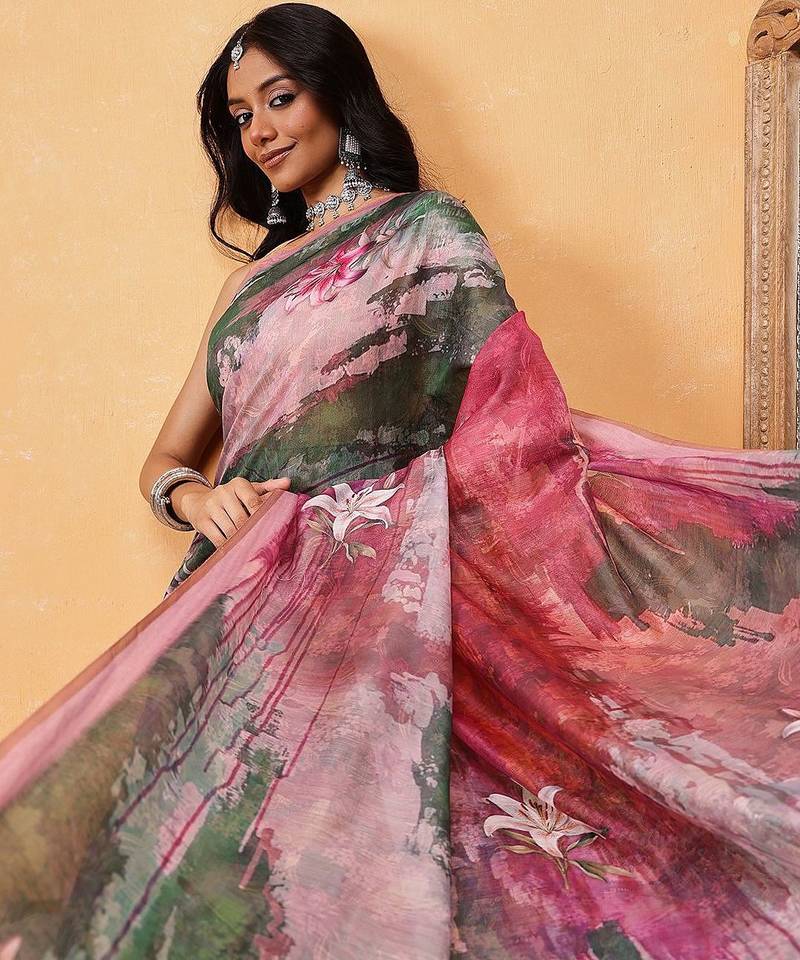Green printed cotton blend ethnic saree with blouse piece