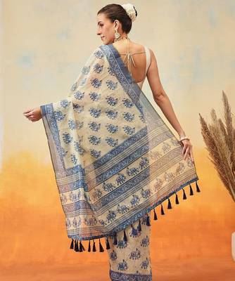 Blue printed cotton blend ethnic saree with blouse piece 3