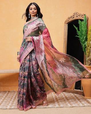 Green printed cotton blend ethnic saree with blouse piece 2