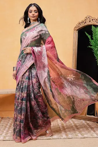 Green printed cotton blend ethnic saree with blouse piece