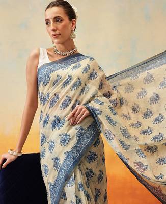 Blue printed cotton blend ethnic saree with blouse piece 4