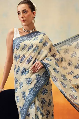 Blue printed cotton blend ethnic saree with blouse piece