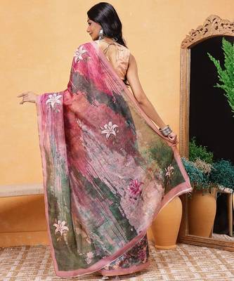 Green printed cotton blend ethnic saree with blouse piece 3