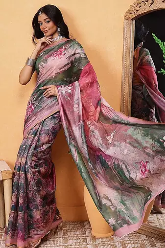 Green printed cotton blend ethnic saree with blouse piece