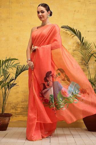 Peach printed silk cotton ethnic saree with blouse piece