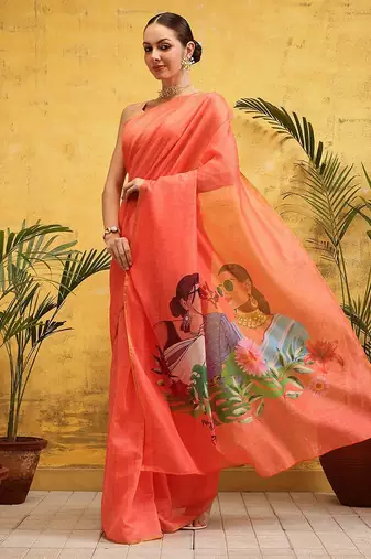 Peach printed silk cotton ethnic saree with blouse piece