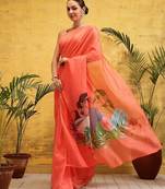 Peach printed silk cotton ethnic saree with blouse piece