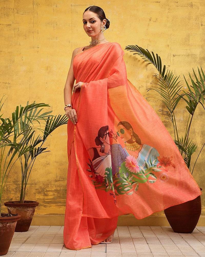 Peach printed silk cotton ethnic saree with blouse piece