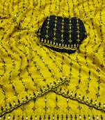 Stunning yellow viscose rangoli silk saree with black embroidery and mirror work