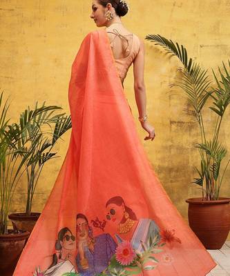 Peach printed silk cotton ethnic saree with blouse piece 2