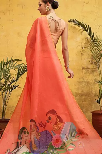 Peach printed silk cotton ethnic saree with blouse piece
