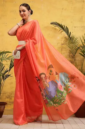 Peach printed silk cotton ethnic saree with blouse piece