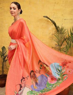 Peach printed silk cotton ethnic saree with blouse piece 4