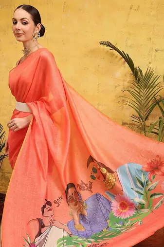 Peach printed silk cotton ethnic saree with blouse piece