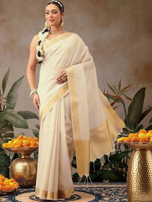 Off white plain silk blend ethnic saree with blouse piece 1
