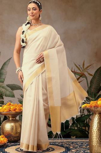 Off white plain silk blend ethnic saree with blouse piece