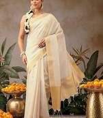 Off white plain silk blend ethnic saree with blouse piece
