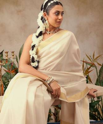 Off white plain silk blend ethnic saree with blouse piece 2