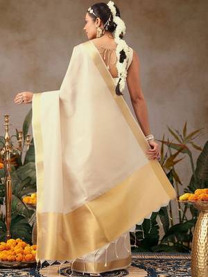 Off white plain silk blend ethnic saree with blouse piece 3