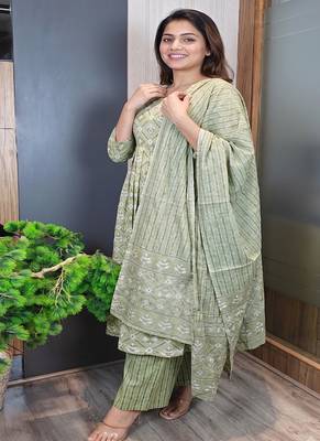 Women's pista green cotton printed anarkali suit set 3