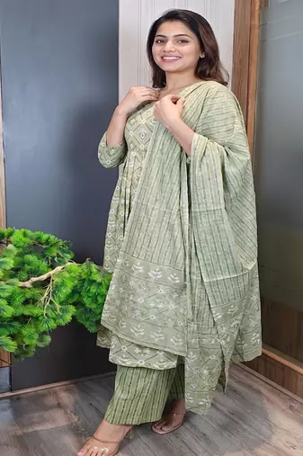 Women's pista green cotton printed anarkali suit set