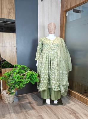 Women's pista green cotton printed anarkali suit set 4