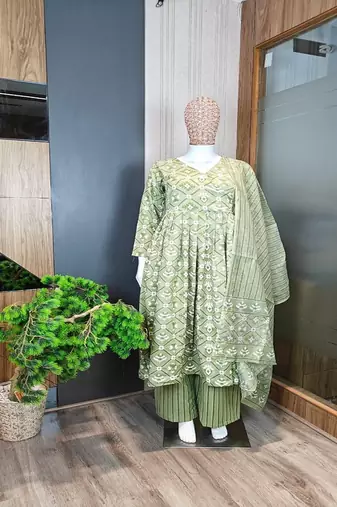 Women's pista green cotton printed anarkali suit set