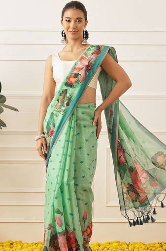Sea green printed cotton blend ethnic saree with blouse piece
