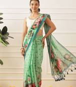 Sea green printed cotton blend ethnic saree with blouse piece