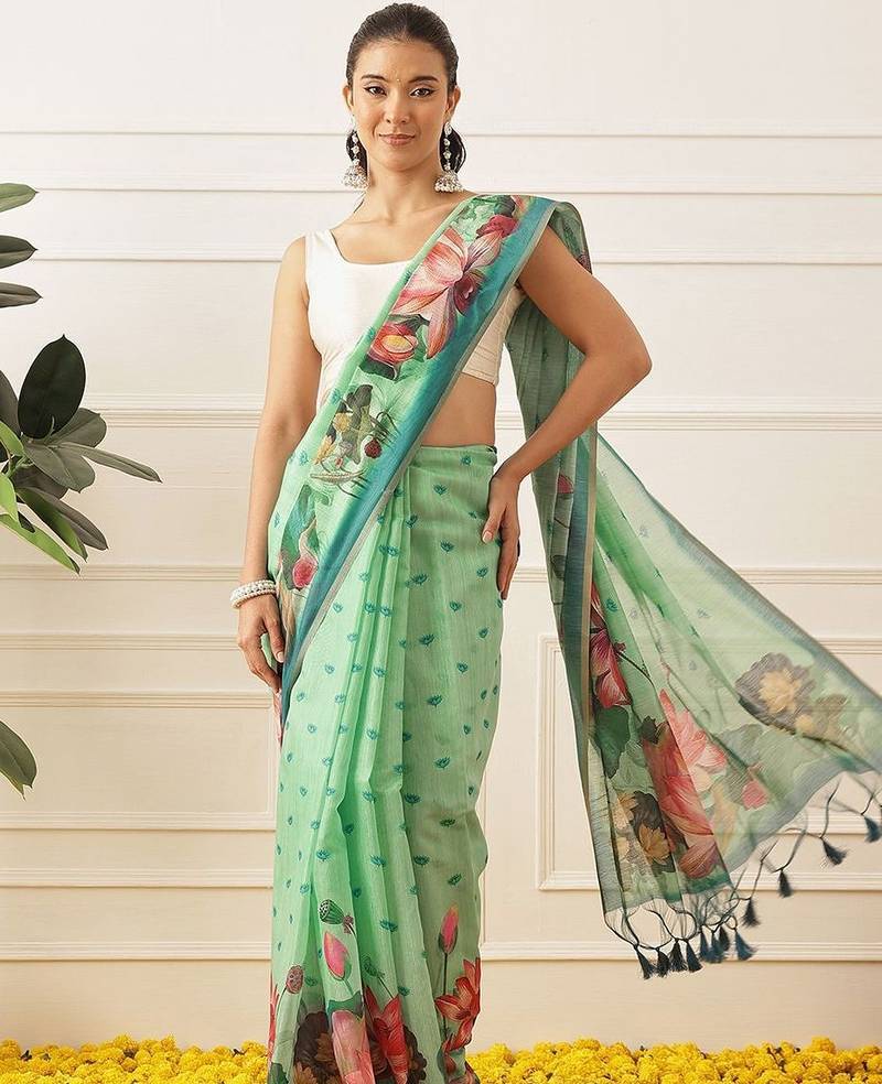 Sea green printed cotton blend ethnic saree with blouse piece