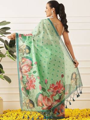 Sea green printed cotton blend ethnic saree with blouse piece 2