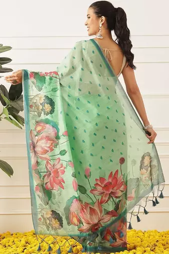 Sea green printed cotton blend ethnic saree with blouse piece