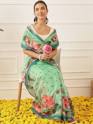 Sea green printed cotton blend ethnic saree with blouse piece 3