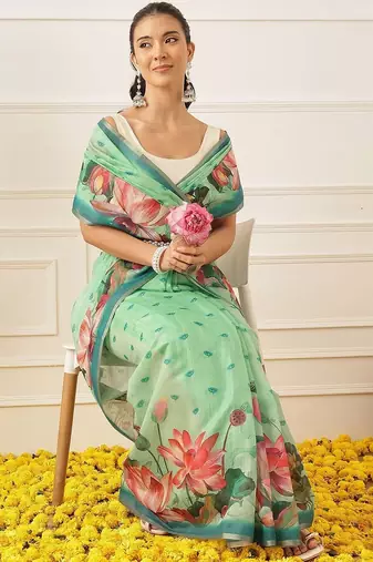 Sea green printed cotton blend ethnic saree with blouse piece