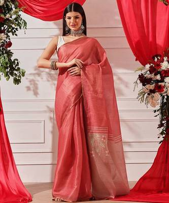 Red plain cotton blend festive saree with blouse piece 1