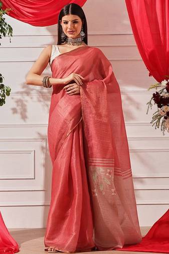 Red plain cotton blend festive saree with blouse piece