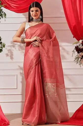 Red plain cotton blend festive saree with blouse piece