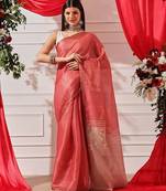 Red plain cotton blend festive saree with blouse piece