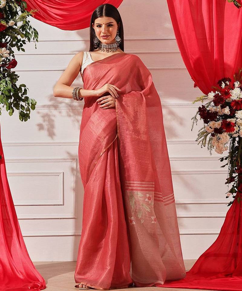 Red plain cotton blend festive saree with blouse piece